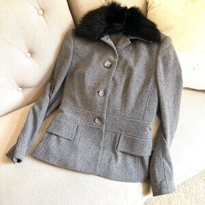 Banana Republic Gray Black Herringbone Detachable Lamb Collar Wool Jacket Size 4